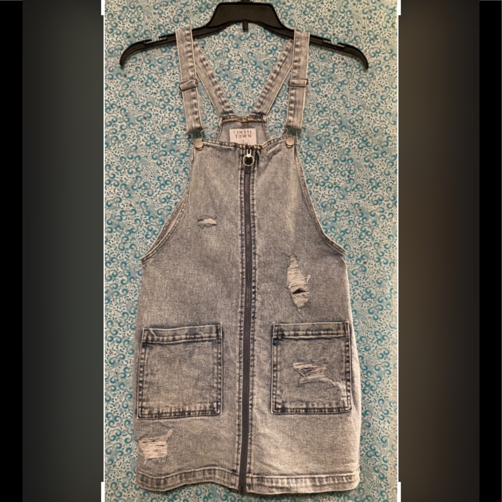 💙 Tinseltown Acid Wash Mini Denim Dress/Pinafore, Size: Small